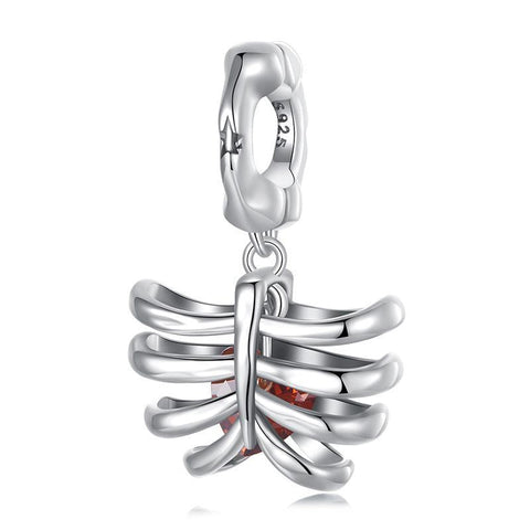 Rib Cage Heart Skeleton Sterling Silver Bead Charm Bracelet Necklace Pendant