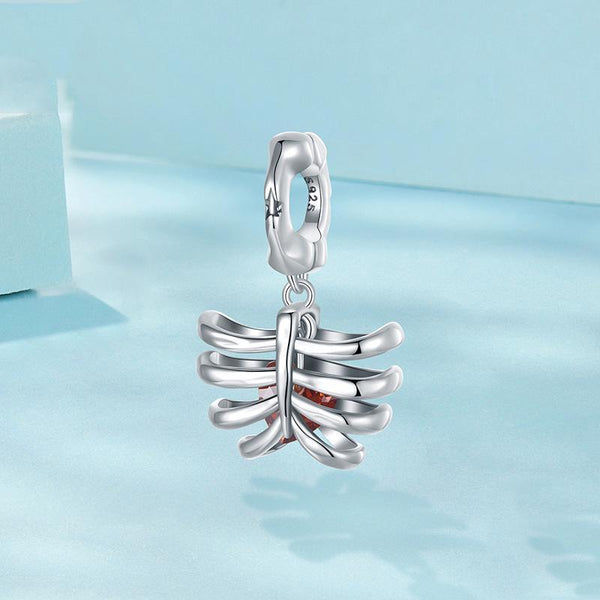Rib Cage Heart Skeleton Sterling Silver Bead Charm Bracelet Necklace Pendant