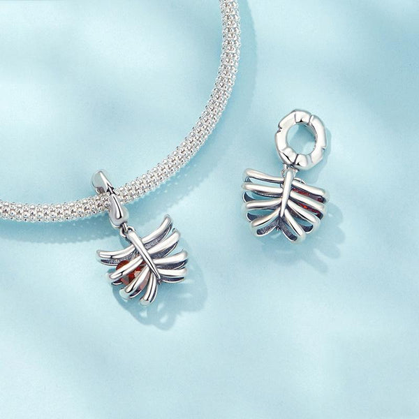 Rib Cage Heart Skeleton Sterling Silver Bead Charm Bracelet Necklace Pendant