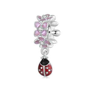 Ladybird Flowers Enamel Sterling Silver Bead Charm Bracelet Necklace