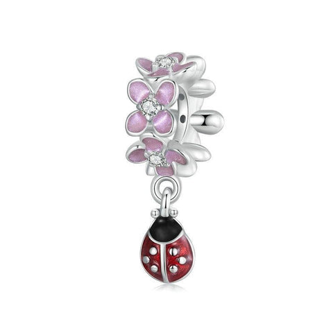 Ladybird Flowers Enamel Sterling Silver Bead Charm Bracelet Necklace