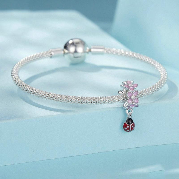Ladybird Flowers Enamel Sterling Silver Bead Charm Bracelet Necklace