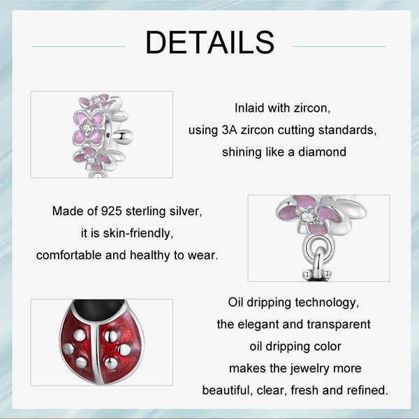 Ladybird Flowers Enamel Sterling Silver Bead Charm Bracelet Necklace