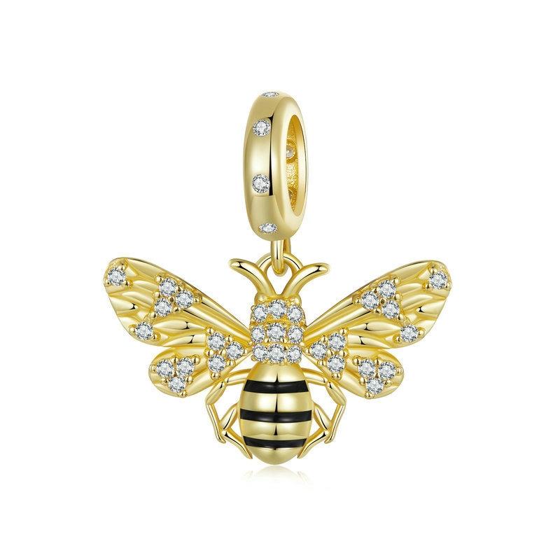 Bee Gold Plated Enamel Sterling Silver CZ Bead Charm Pendant Bracelet Necklace