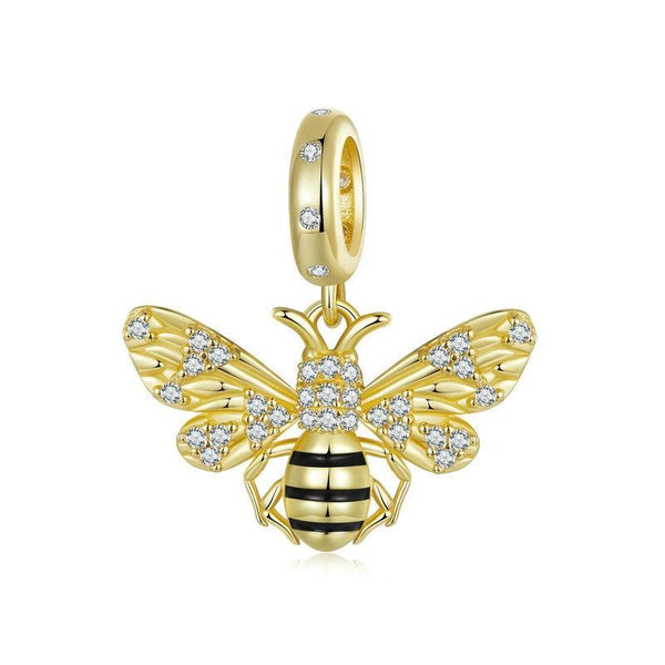 Bee Gold Plated Enamel Sterling Silver CZ Bead Charm Pendant Bracelet Necklace