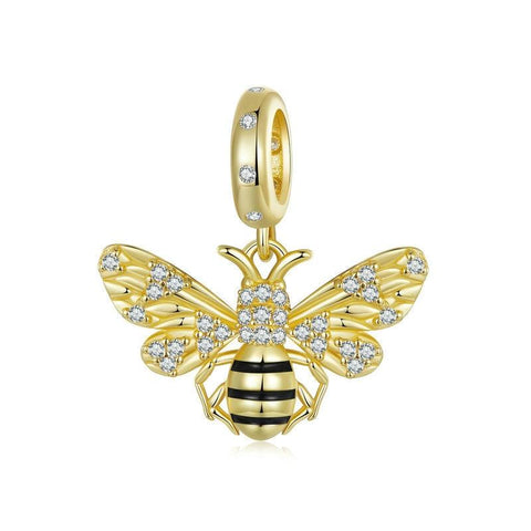 Bee Gold Plated Enamel Sterling Silver CZ Bead Charm Pendant Bracelet Necklace