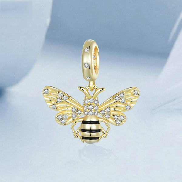 Bee Gold Plated Enamel Sterling Silver CZ Bead Charm Pendant Bracelet Necklace