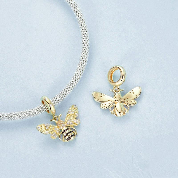 Bee Gold Plated Enamel Sterling Silver CZ Bead Charm Pendant Bracelet Necklace