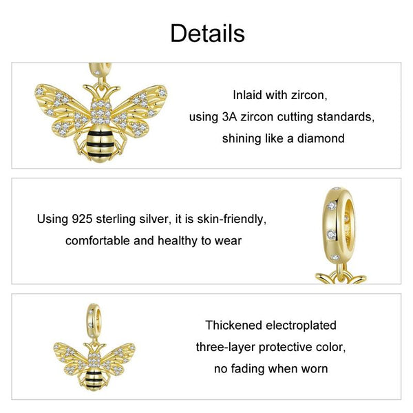 Bee Gold Plated Enamel Sterling Silver CZ Bead Charm Pendant Bracelet Necklace