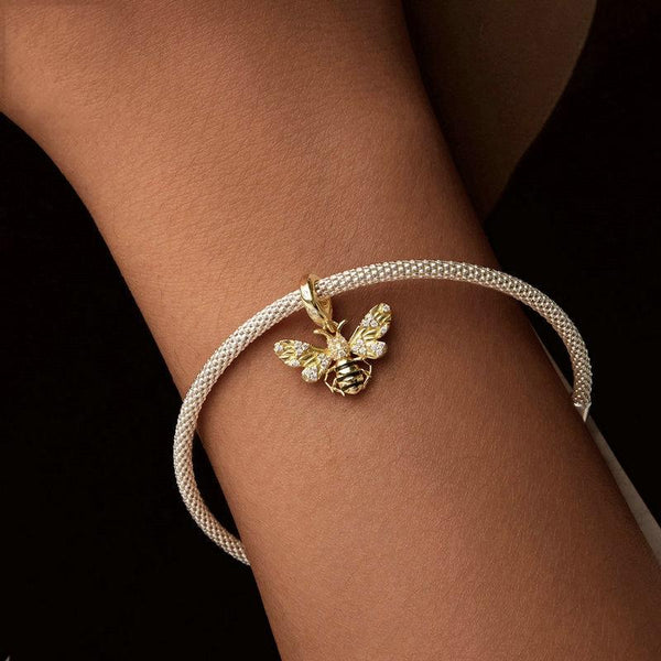 Bee Gold Plated Enamel Sterling Silver CZ Bead Charm Pendant Bracelet Necklace