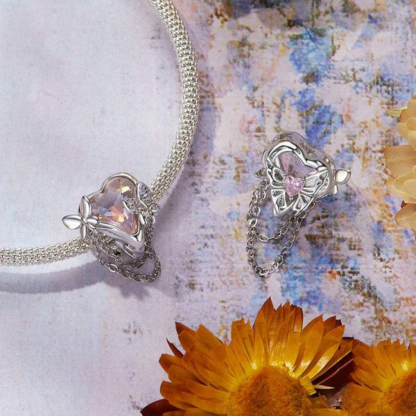 Crystal Heart Butterfly Sterling Silver Bead Charm Bracelet Necklace Pendant