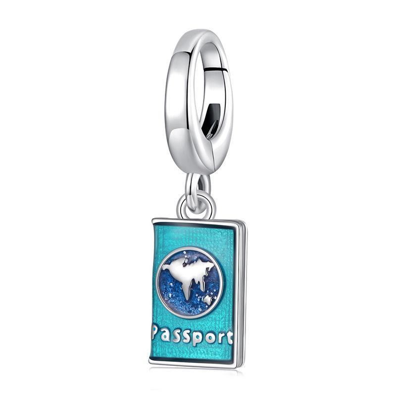 Passport Travel Enamel Sterling Silver Bead Charm Bracelet Necklace Pendant