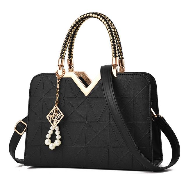 Faux PU Leather Crossbody Shoulder Bag Handbag V Top Faux Pearl Charm Black