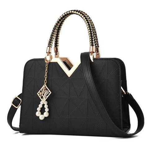 Faux PU Leather Crossbody Shoulder Bag Handbag V Top Faux Pearl Charm Black