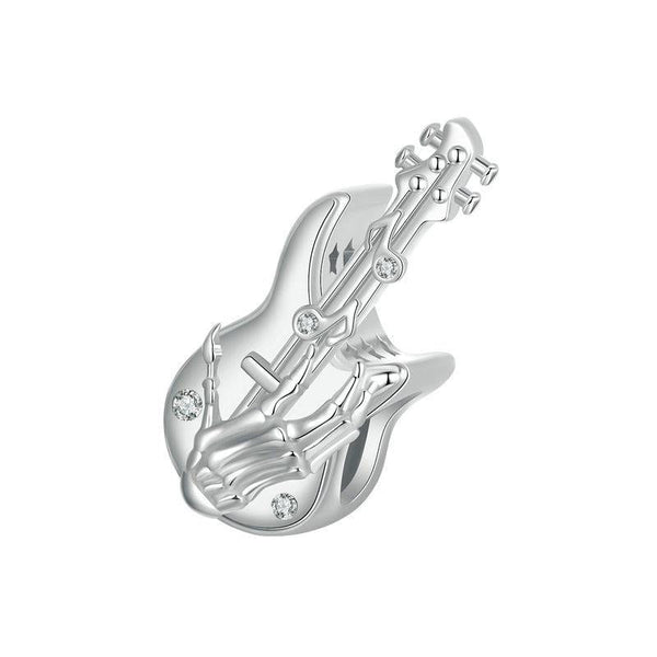 Guitar Skeleton Hand Sterling Silver Zircon CZ Bead Charm Pendant Bracelet Necklace
