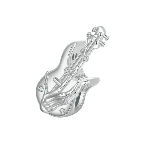 Guitar Skeleton Hand Sterling Silver Zircon CZ Bead Charm Pendant Bracelet Necklace