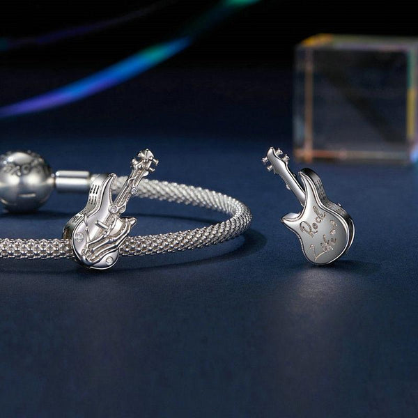 Guitar Skeleton Hand Sterling Silver Zircon CZ Bead Charm Pendant Bracelet Necklace