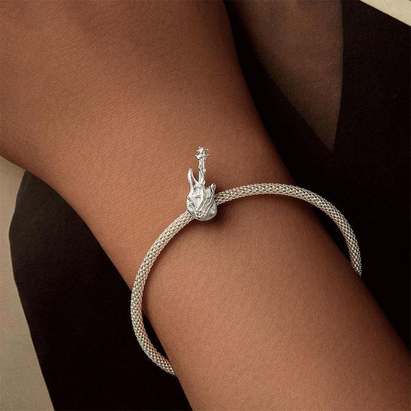 Guitar Skeleton Hand Sterling Silver Zircon CZ Bead Charm Pendant Bracelet Necklace