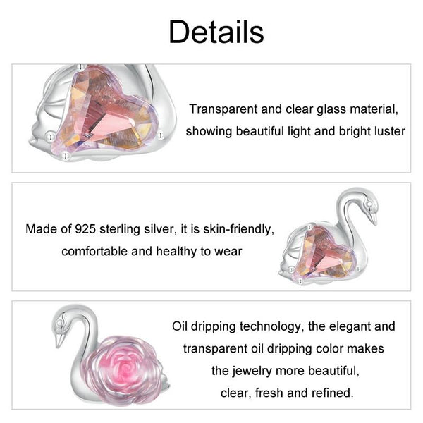 Swan Pink Heart Sterling Silver Glass Bead Charm Bracelet Necklace Pendant
