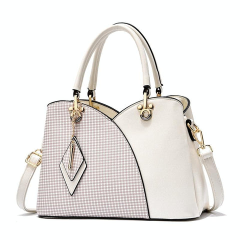 Faux PU Leather Tulip Top Checked Bucket Shoulder Bag Handbag White