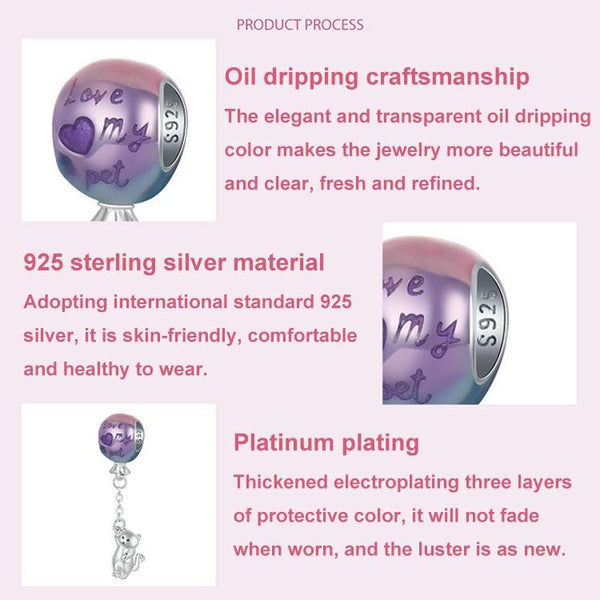 Cat Love My Pet Balloon Sterling Silver Bead Charm Pendant Bracelet Necklace