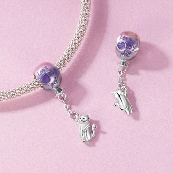 Cat Love My Pet Balloon Sterling Silver Bead Charm Pendant Bracelet Necklace