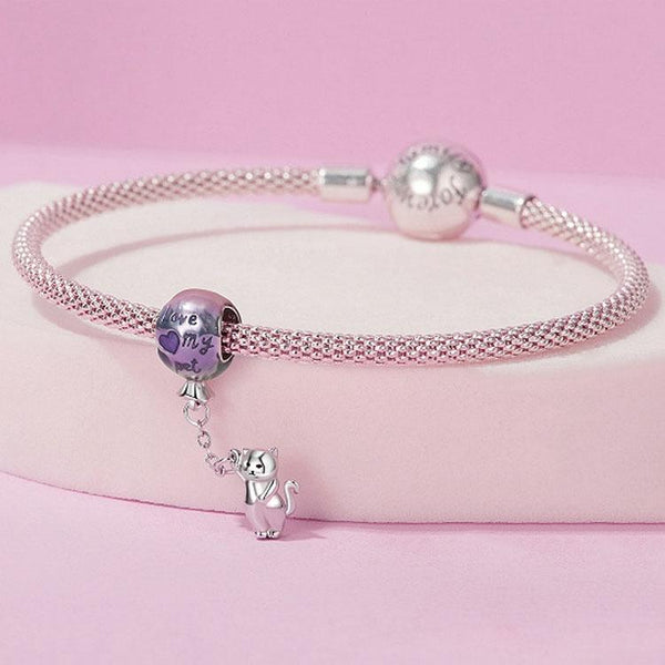 Cat Love My Pet Balloon Sterling Silver Bead Charm Pendant Bracelet Necklace