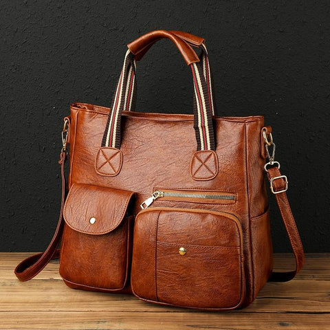 Faux PU Leather Shoulder Crossbody Bag Handbag Multi Pockets Brown