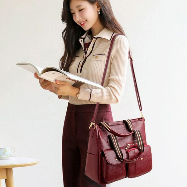 Faux PU Leather Shoulder Crossbody Bag Handbag Multi Pockets Brown