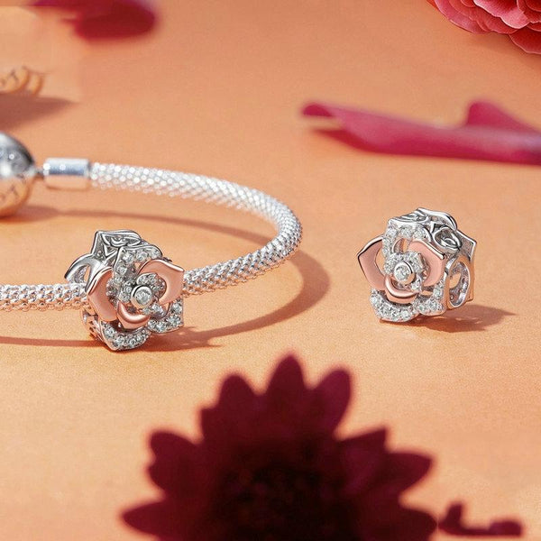 Rose Platinum Gold Sterling Silver Zircon CZ Bead Charm Pendant Bracelet Necklace