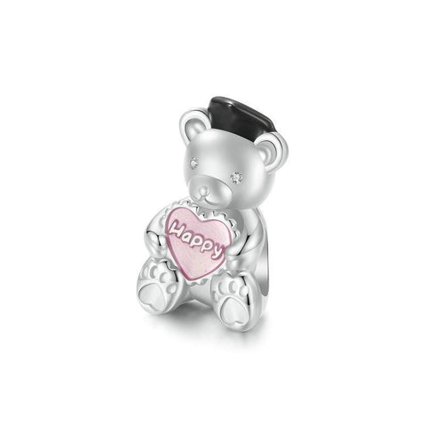 Happy Bear Heart Enamel Sterling Silver Bead Charm Bracelet Necklace Pendant