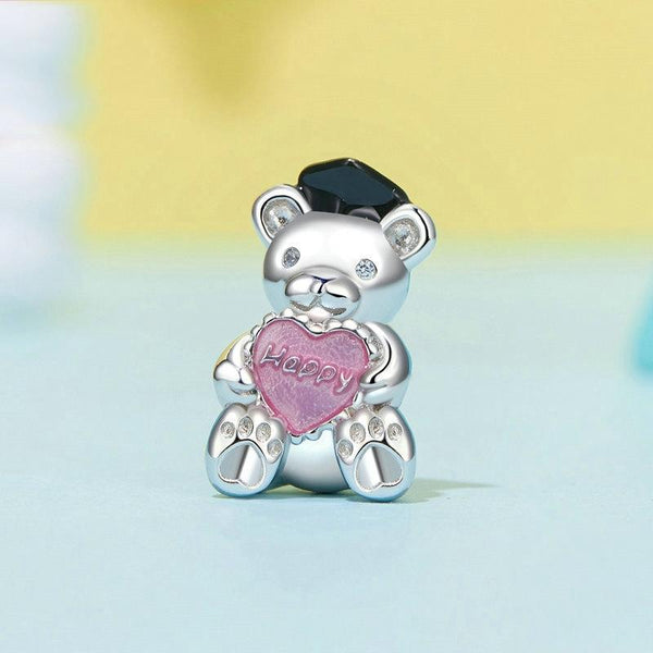 Happy Bear Heart Enamel Sterling Silver Bead Charm Bracelet Necklace Pendant