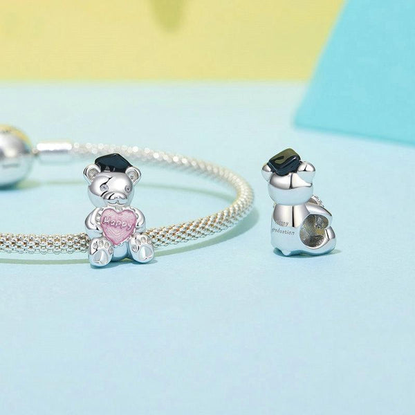 Happy Bear Heart Enamel Sterling Silver Bead Charm Bracelet Necklace Pendant