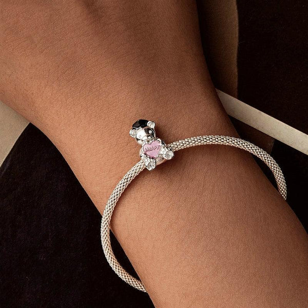 Happy Bear Heart Enamel Sterling Silver Bead Charm Bracelet Necklace Pendant