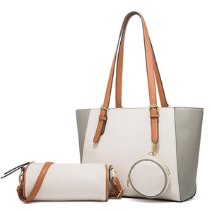 3 Pce Faux PU Leather Tote Shoulder Crossbody Bag Coin Purse White Grey