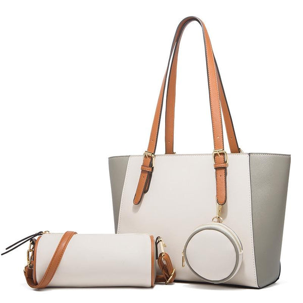 3 Pce Faux PU Leather Tote Shoulder Crossbody Bag Coin Purse White Grey