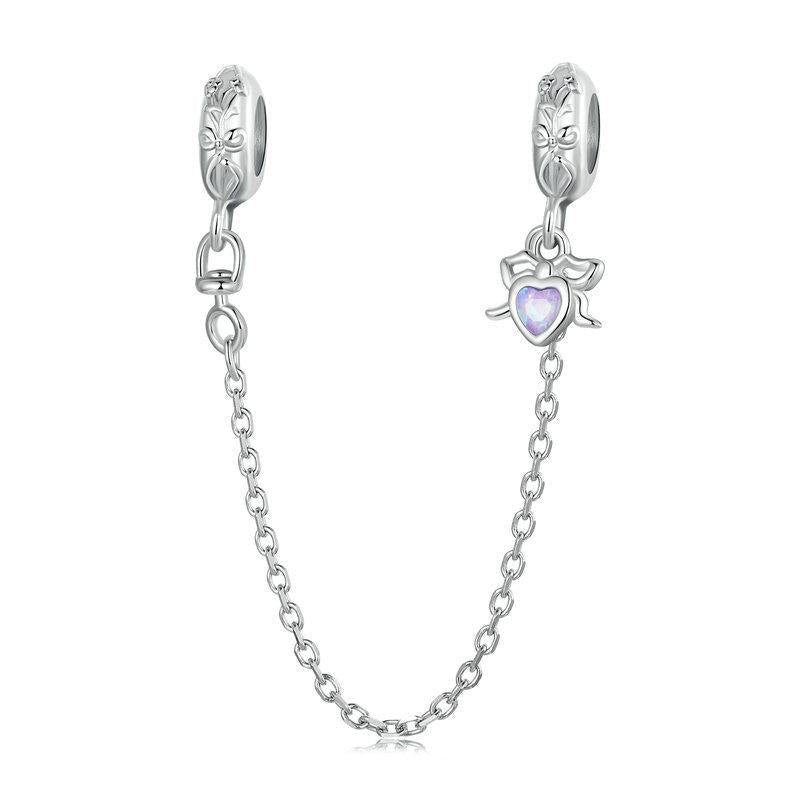 Heart Bow Platinum Plated Sterling Silver Opal Look Bead Charm Safety Chain Bracelet