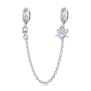 Heart Bow Platinum Plated Sterling Silver Opal Look Bead Charm Safety Chain Bracelet