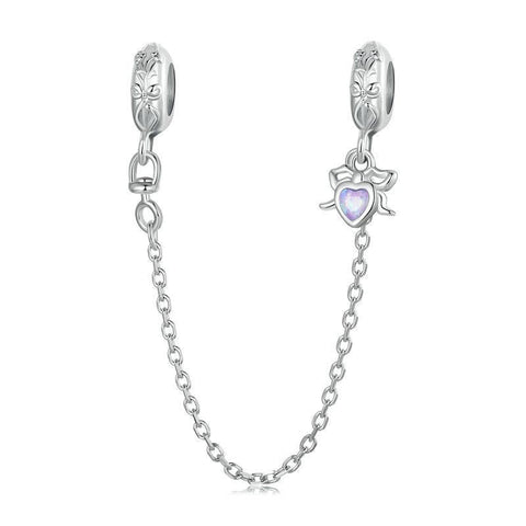 Heart Bow Platinum Plated Sterling Silver Opal Look Bead Charm Safety Chain Bracelet