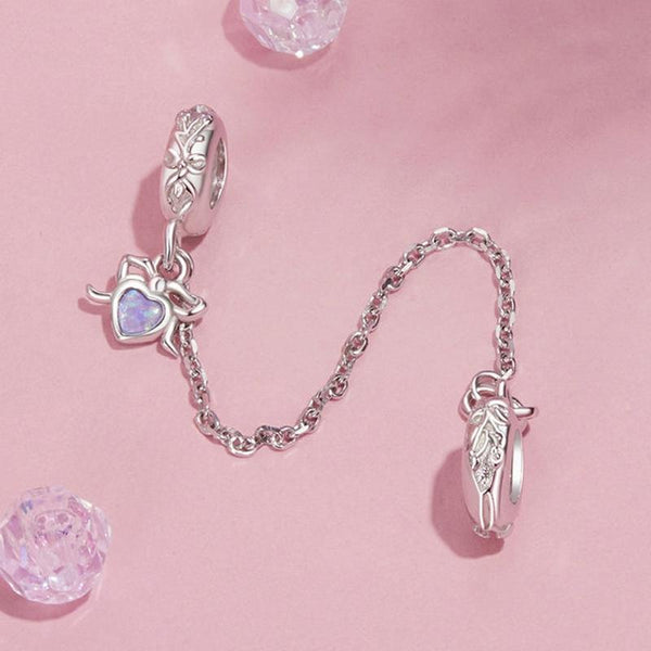 Heart Bow Platinum Plated Sterling Silver Opal Look Bead Charm Safety Chain Bracelet