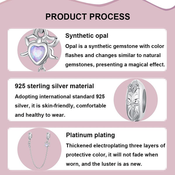 Heart Bow Platinum Plated Sterling Silver Opal Look Bead Charm Safety Chain Bracelet