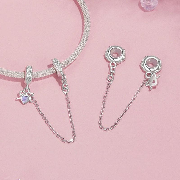 Heart Bow Platinum Plated Sterling Silver Opal Look Bead Charm Safety Chain Bracelet