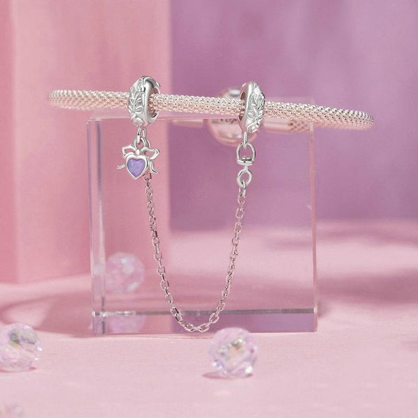 Heart Bow Platinum Plated Sterling Silver Opal Look Bead Charm Safety Chain Bracelet