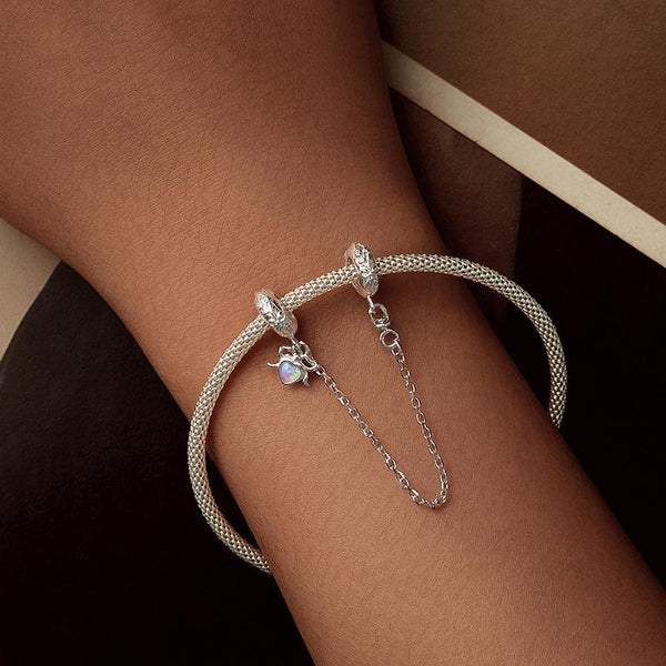 Heart Bow Platinum Plated Sterling Silver Opal Look Bead Charm Safety Chain Bracelet