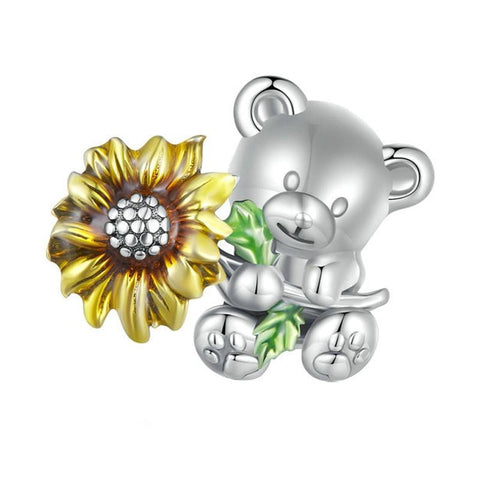 Teddy Bear Sunflower Enamel Sterling Silver Bead Charm Pendant Bracelet Necklace