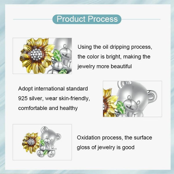 Teddy Bear Sunflower Enamel Sterling Silver Bead Charm Pendant Bracelet Necklace