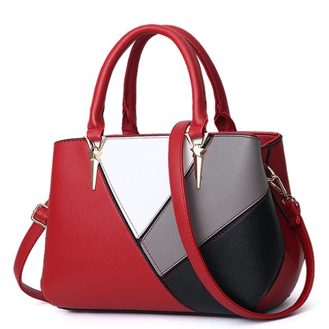 Womens Colourblock Faux PU Leather Tote Shoulder Bag Handbag Red Wine