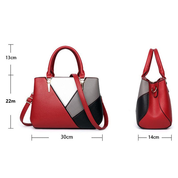 Womens Colourblock Faux PU Leather Tote Shoulder Bag Handbag Red Wine