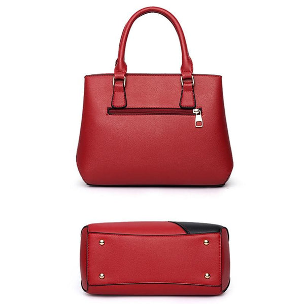 Womens Colourblock Faux PU Leather Tote Shoulder Bag Handbag Red Wine