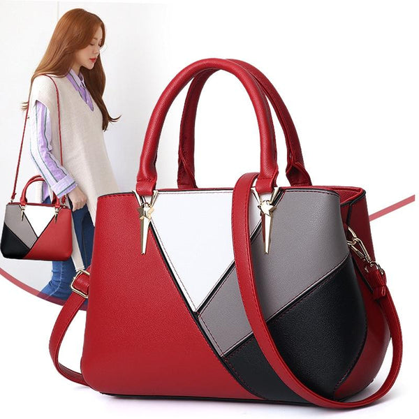Womens Colourblock Faux PU Leather Tote Shoulder Bag Handbag Red Wine